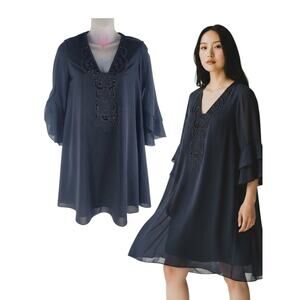 Lilly Pulitzer Tatiana Stretch Silk Dress Black 3/4 Flounce Sleeve Size XXS